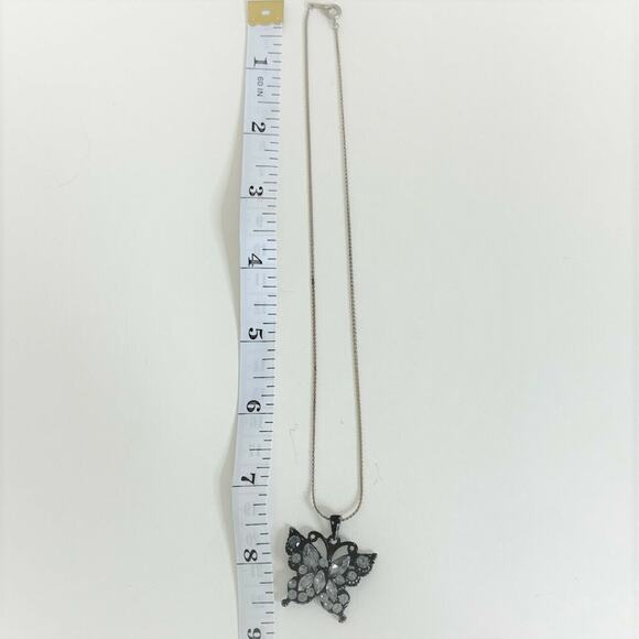 Black Beaded Butterfly Pendant Necklace with Silver Tone Chain - Picture 6 of 6